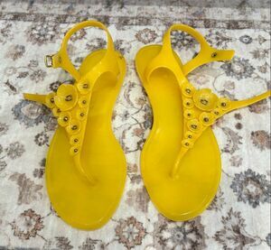 Coach Womens T-Strap Jelly Sandals Flower Applique Glitter G2070 Yellow Size 10B